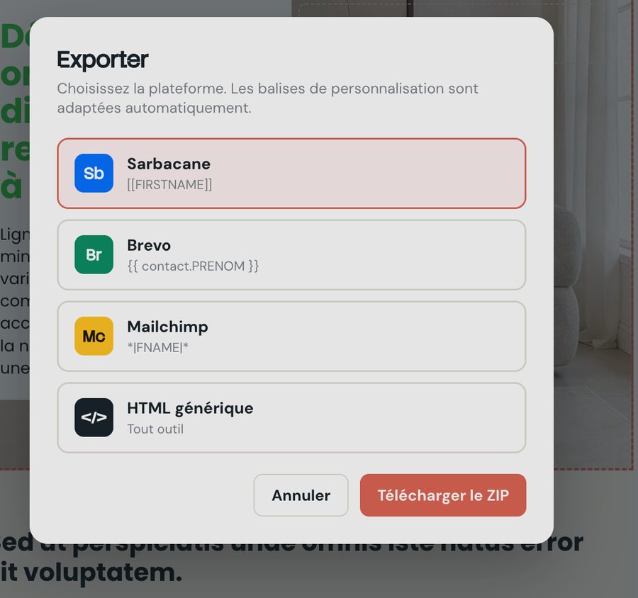 La fenêtre d'export MailForge : choix entre Sarbacane, Brevo, Mailchimp et HTML générique, avec les balises correspondantes