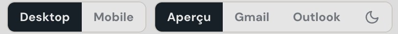 La barre d'aperçu de MailForge : Desktop, Mobile, puis Aperçu, Gmail, Outlook et mode sombre