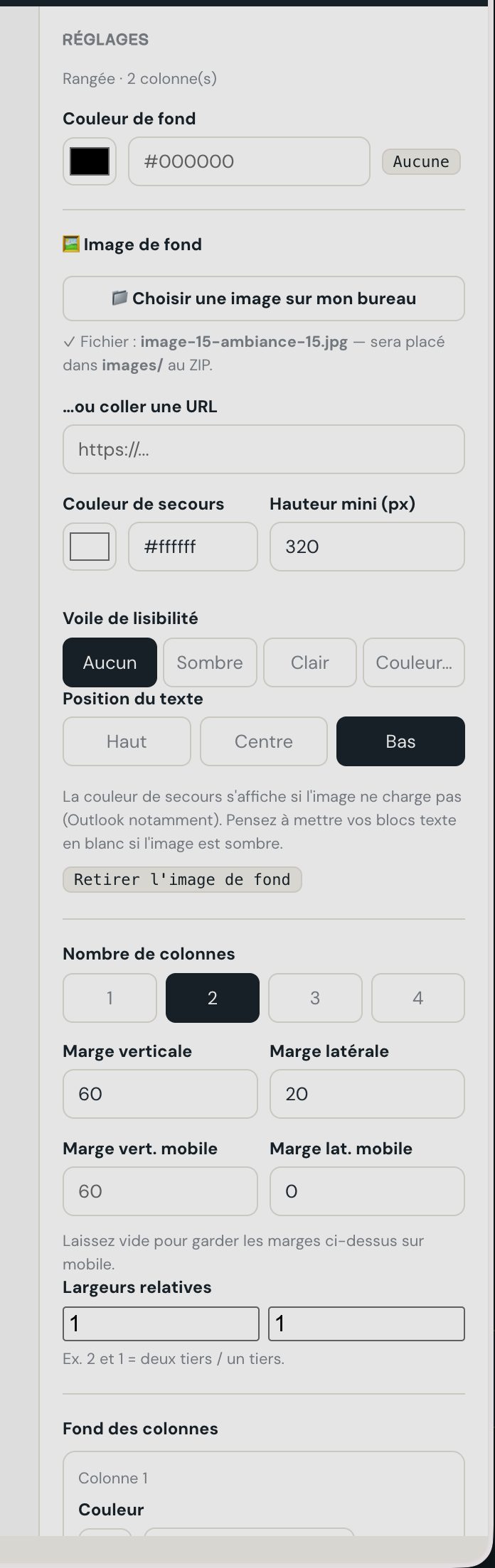 Réglages d'une rangée MailForge : image de fond, couleur de secours, hauteur mini, voile de lisibilité, colonnes, marges et largeurs relatives