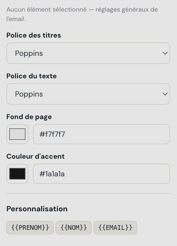 Le panneau de style global MailForge : police des titres, police du texte, fond de page, couleur d'accent et balises de personnalisation