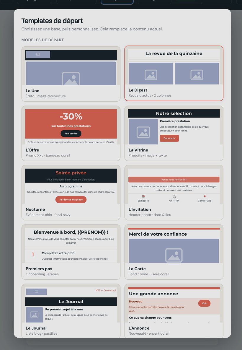 La fenêtre des templates de départ MailForge avec les aperçus de La Une, Le Digest, L'Offre, La Vitrine, Nocturne et L'Invitation