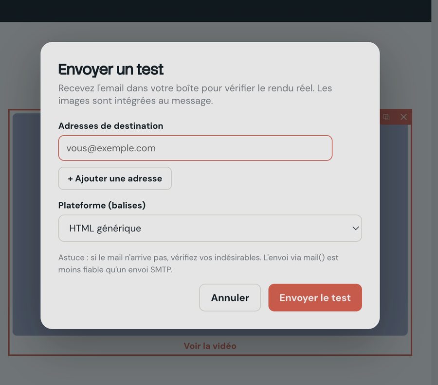 La fenêtre d'envoi de test MailForge avec les adresses de destination et le choix de la plateforme de balises
