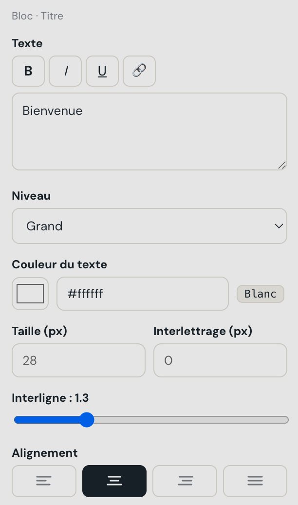 Le panneau de réglages d'un bloc Titre dans MailForge : gras, italique, souligné, lien, niveau, couleur, taille, interligne, alignement et padding
