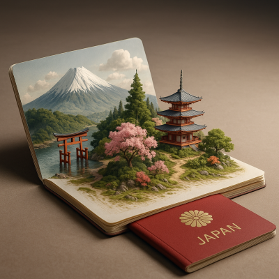 20250817 0958 Japanese Passport Diorama Simple Compose 01k2vghyw3fphv1d76947fxa94